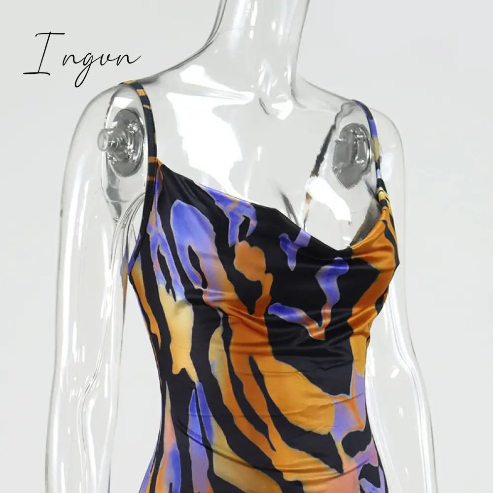 Ingvn - Print Maxi Dress Women Sexy Low Cut Cowl Neck Back Lace Up Sexy Dresses Seaside Party Club Wear Long Dress New