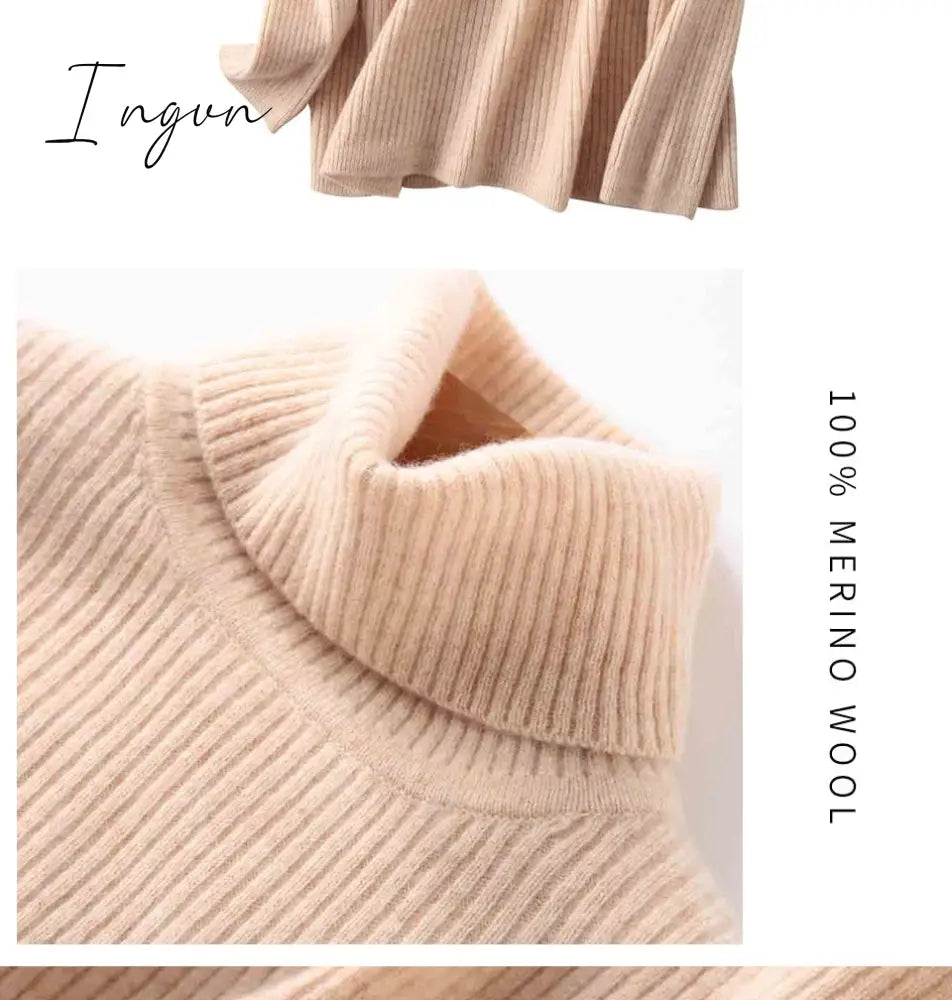 Ingvn - 100% Merino Wool Turtleneck Women Sweater Autumn Winter Warm Soft Jumper Women Knitted Pullover Femme Cashmere Sweater Knit