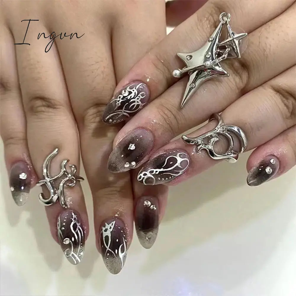 24Pcs Y2k Nails Set Press On False Nails Coffin Fake Nails with Charm Gradient Black Designs Reusable Artificial Nail Tips 2024