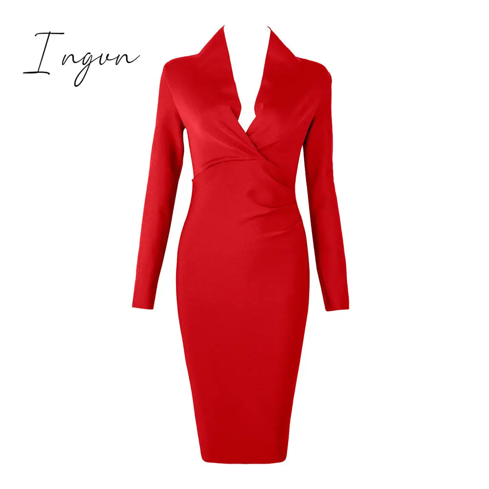 Ingvn - New Summer Deep V Neck Women Bandage Dress Full Sleeves Celebrity Bodycon Dress Sexy Club Vestidos Evening Party Dresses