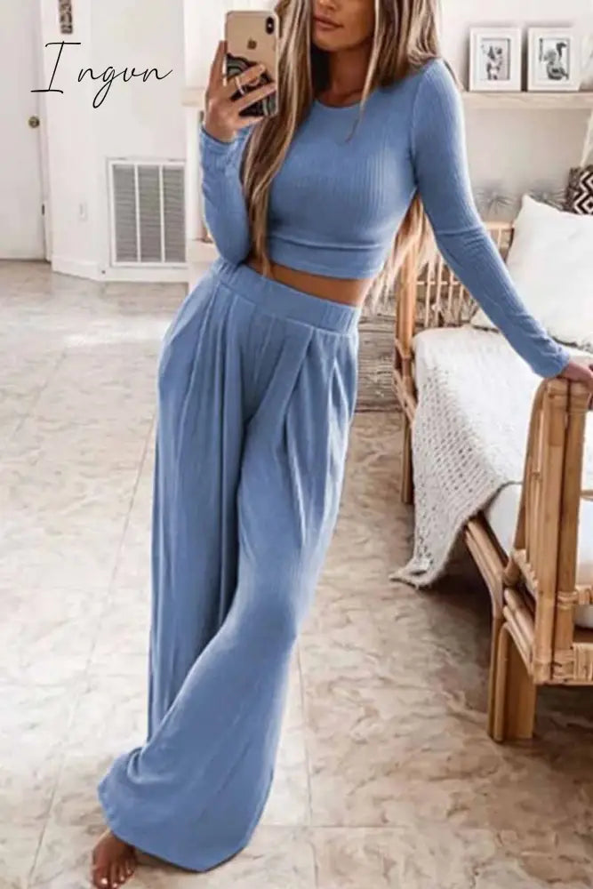 Ingvn - Round Neck Long Sleeves Wide Legs Two-Piece(4 Colors)