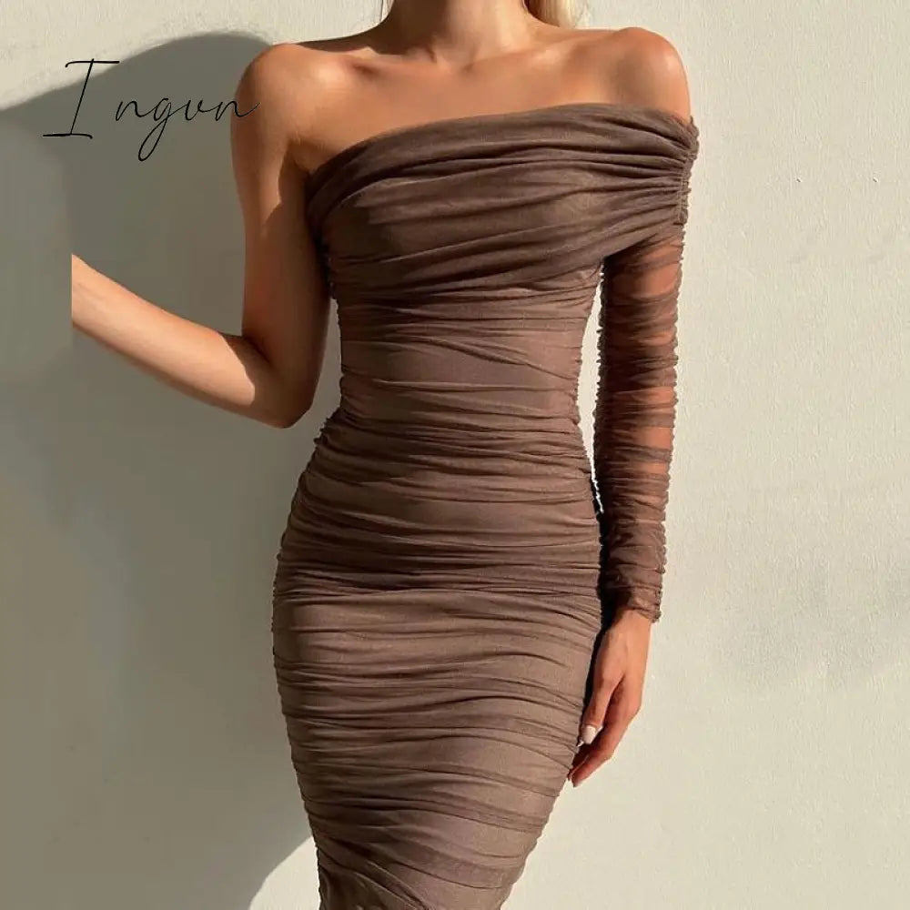 Ingvn - Sexy Diagonal Neck Backless Party Dress Women Fashion One Shoulder Long Sleeve Mesh Dress Elegant Temperament Slim Solid Dresses
