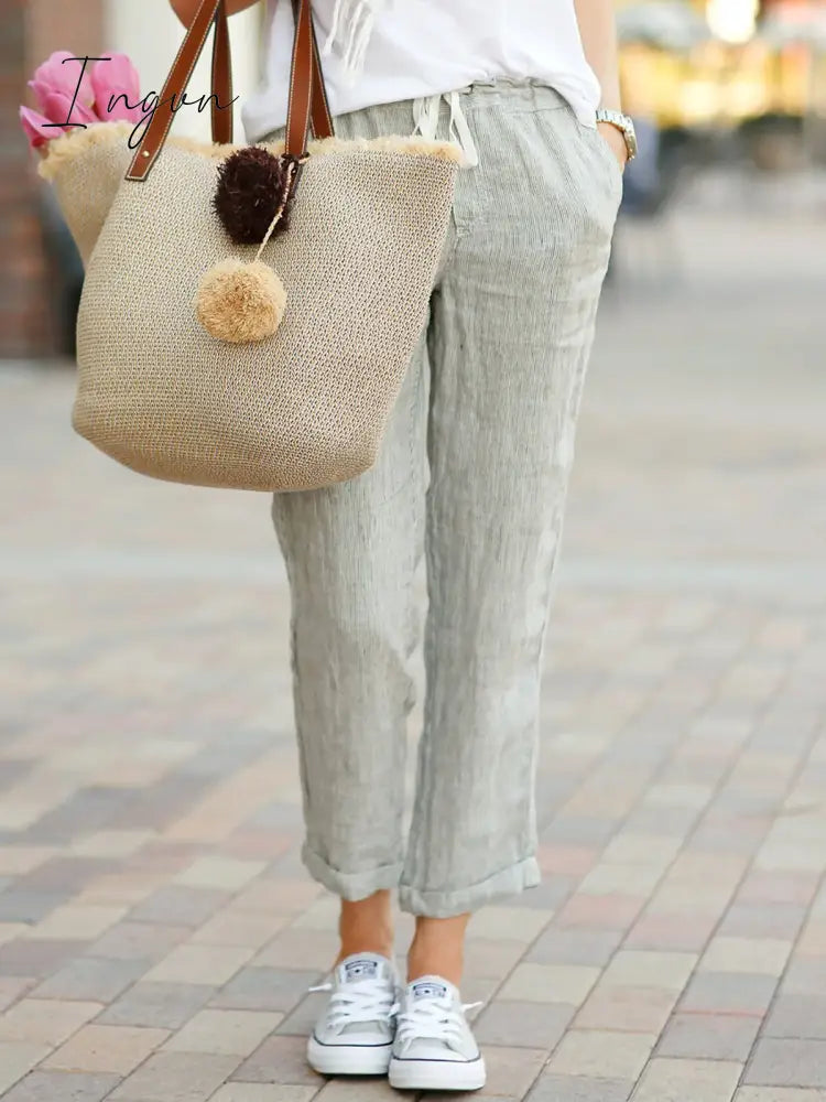 Ingvn - Summer Capri Pants Pockets Drawstring Casual Pants