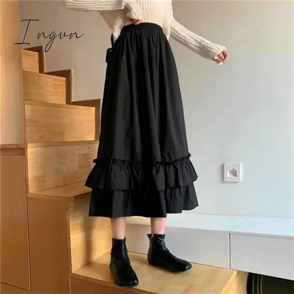 Ingvn - Spring/Autumn Women Skirts High Waist Student Korean Style Dark Vintage Ruffle Long A-line Skirts Women Fashion