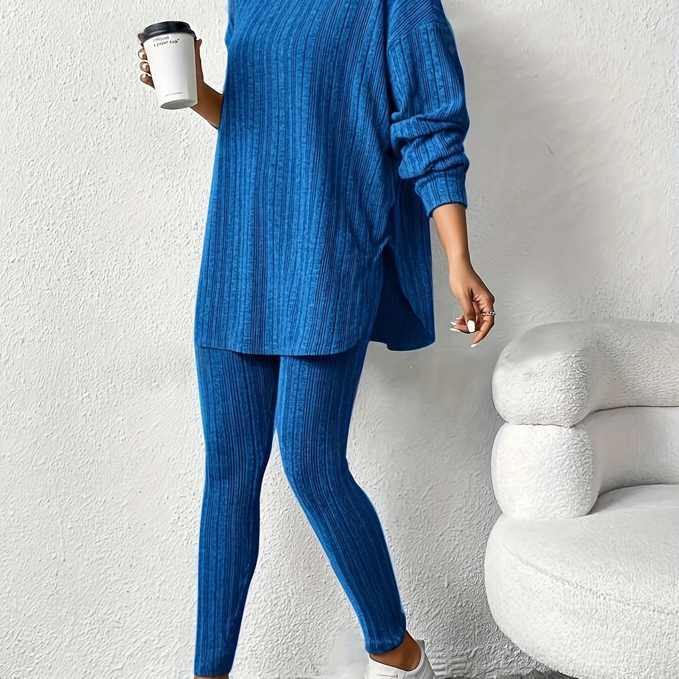 Sleek Duo, Elegant Solid Color Ribbed Hoodie & Leggings Set for Women - Long Sleeve, Polyester Blend, Machine Washable - Perfect for Spring/Fall