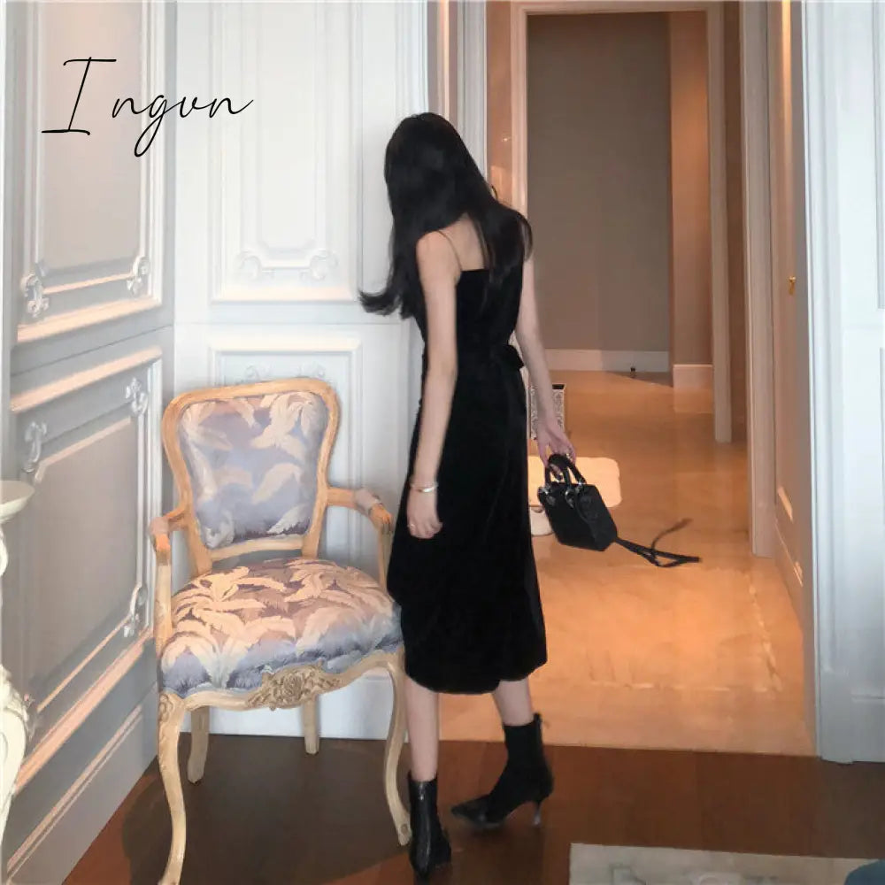 Ingvn - Brand New Women Dress Spaghetti Strap Slit Velvet Black Dress Sexy Bodycon bandage Dress Midi Party Dress Vestidos Verano