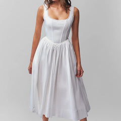 Elegant Women Sexy Backless O Neck White Tank Dress Pleated Swing Hem A-line Midi Summer Dress Lace Up Sundress Holiday
