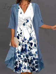 Ingvn - Women's Two Piece Dress Set Casual Dress Tank Dress Outdoor Daily Fashion Elegant Twist Knot Front Midi Dress V Neck Half Sleeve Leaf Regular Fit Blue Summer Spring S M L XL XXL