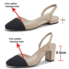 Meotina Low Heels Real Leather Slingbacks Shoes Women Square Toe Pumps Thick Heel Shoes Brand Design Lady Footwear  Size 40