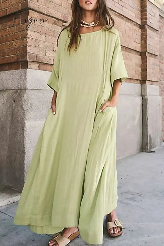 Ingvn - Casual Simplicity Solid Pocket O Neck A Line Dresses