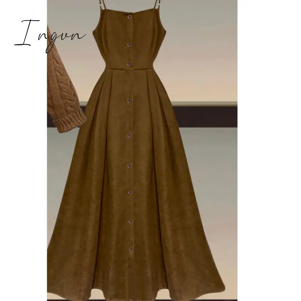 Ingvn - Fall Winter Two Piece Sets Women Outfits Korean Casual Long Sleeve Twist Knitted Short Sweater And Straped High Waist Dress Sets