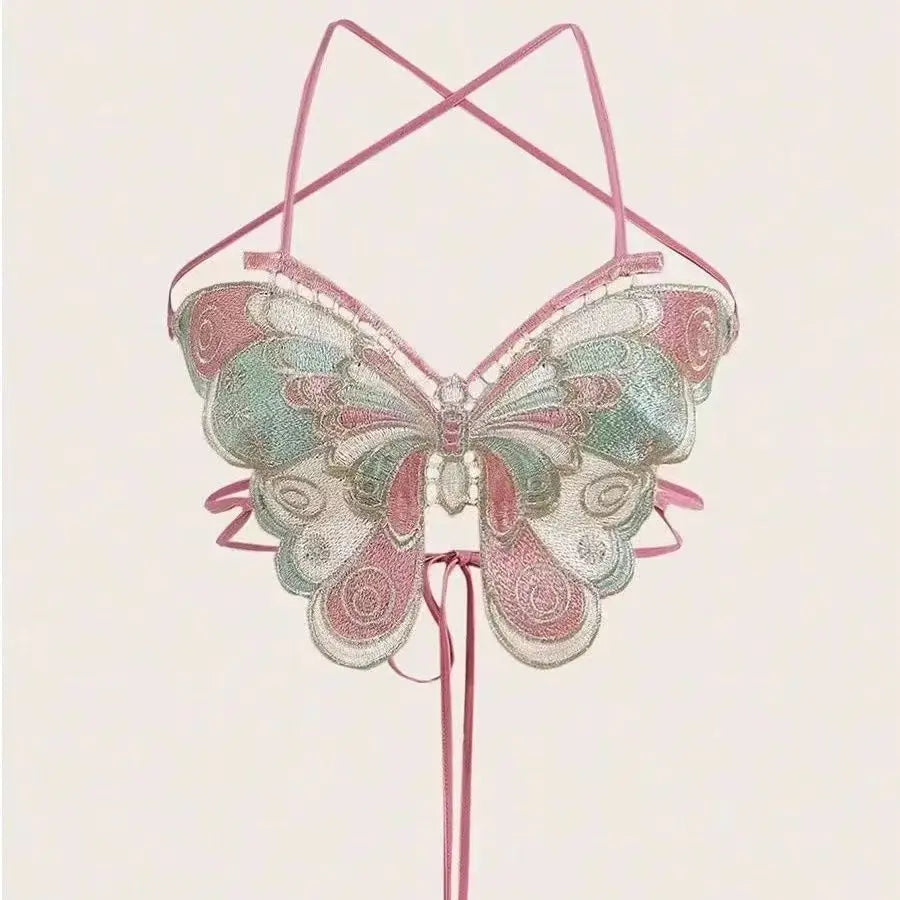 Women's Butterfly Embroidered Top Backless Adjustable Navel Baring Sexy Cropped TopSleeveless Camisole Sexy Daily Y2K Top