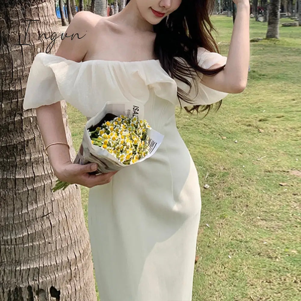 Ingvn - Vinatge Elegant Apricot Dress Women Slash Neck Mesh Patchwork Puff Short Sleeve Off Shoulder Dresses Bodycon Vestido
