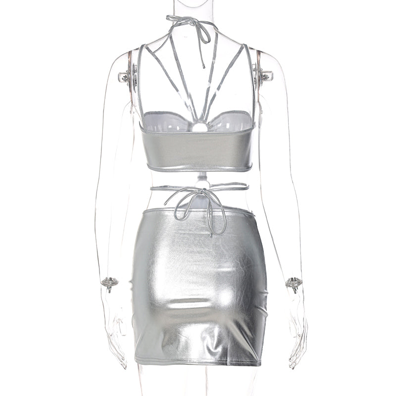 Voguable  Solid Sleeveless Bodycon Halter Hollow Out Sexy Mini Dress  Summer Women Fashion Streetwear Outfits Y2K