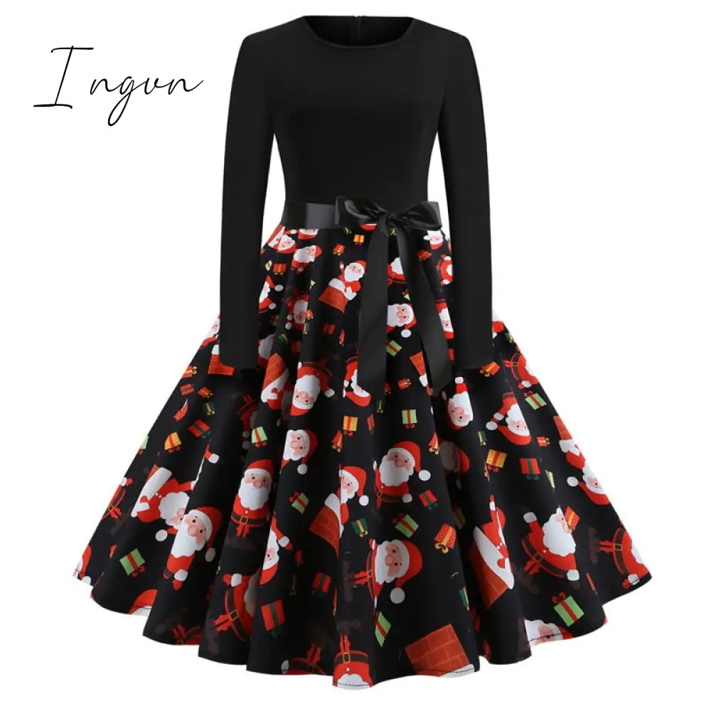 Ingvn - Winter Christmas Dresses Women 50S 60S Vintage Robe Swing Pinup Elegant Party Dress Long Sleeve Casual Plus Size Print Black