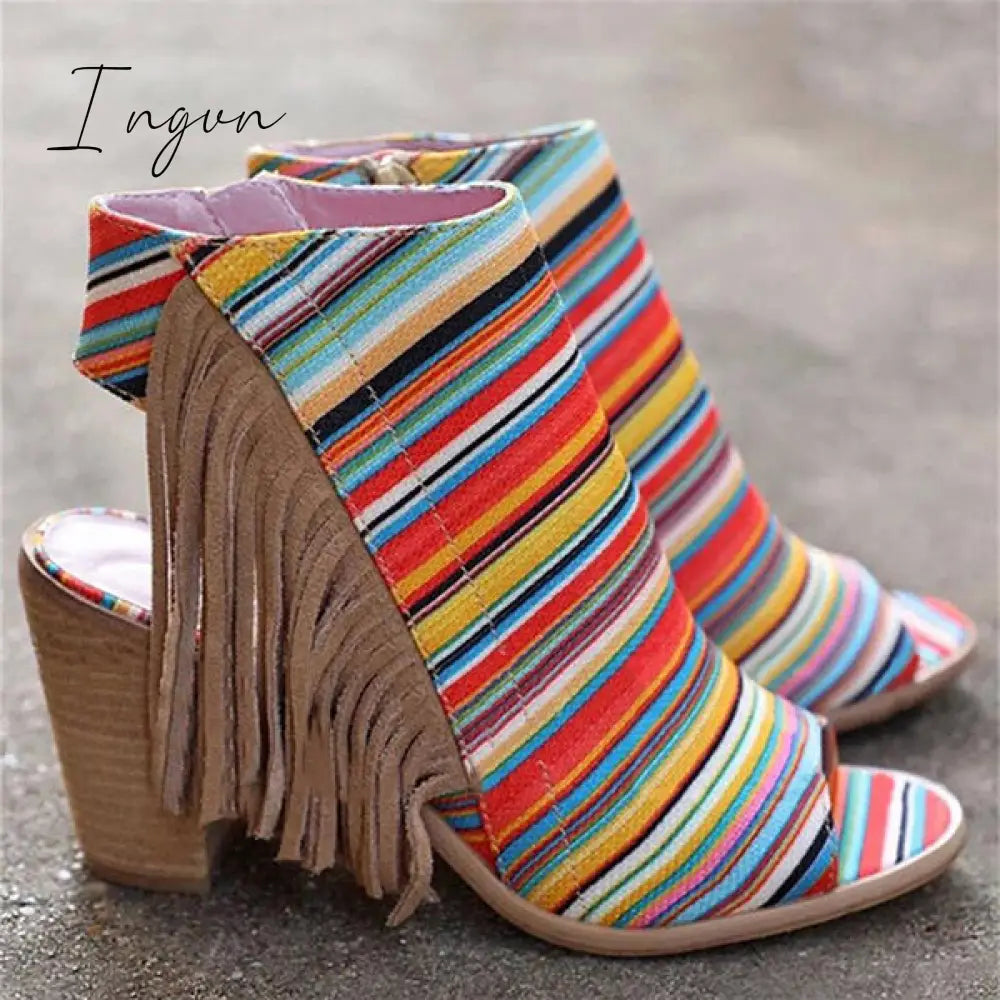Ingvn - Peep Toe Chunky Heel Zipper Stripe Sandals