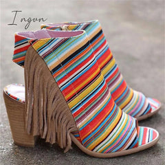 Ingvn - Peep Toe Chunky Heel Zipper Stripe Sandals
