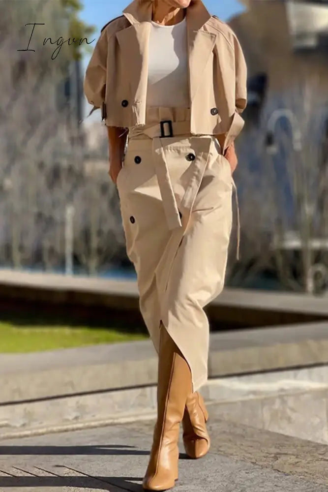 Ingvn - British Style Elegant Solid Pocket Buttons Turndown Collar Long Sleeve Two Pieces