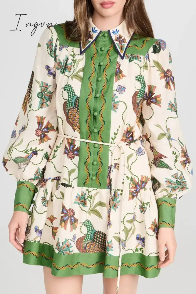 Ingvn - Casual Floral Patchwork Turndown Collar Printed Dress Dresses