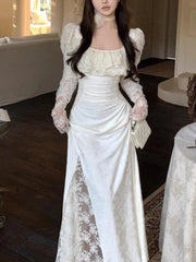 Elegant Lace Sleeve Long Dress for Women Chic Square Neck Retro Spliced Strappy Pleated Ruffle Party Prom One Piece Mujer Autumn