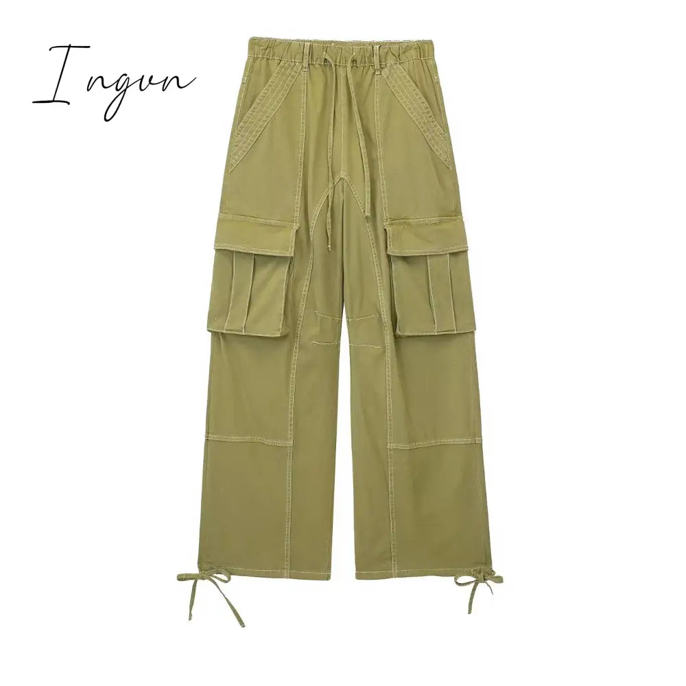 Ingvn - 2023 Cargo Pants for Women Beige Wide Leg Pants Women Summer High Waist Woman Trousers Holiday Casual Baggy Pants Woman