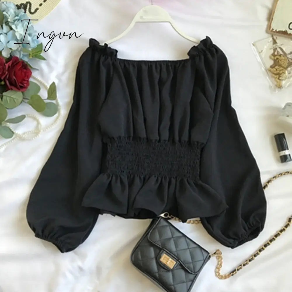 Ingvn - Youth Elegant Blouse Women Chiffon Fashion Blouse Off Shoulder White Shirt Ruffle Puff Sleeve Top Office wear