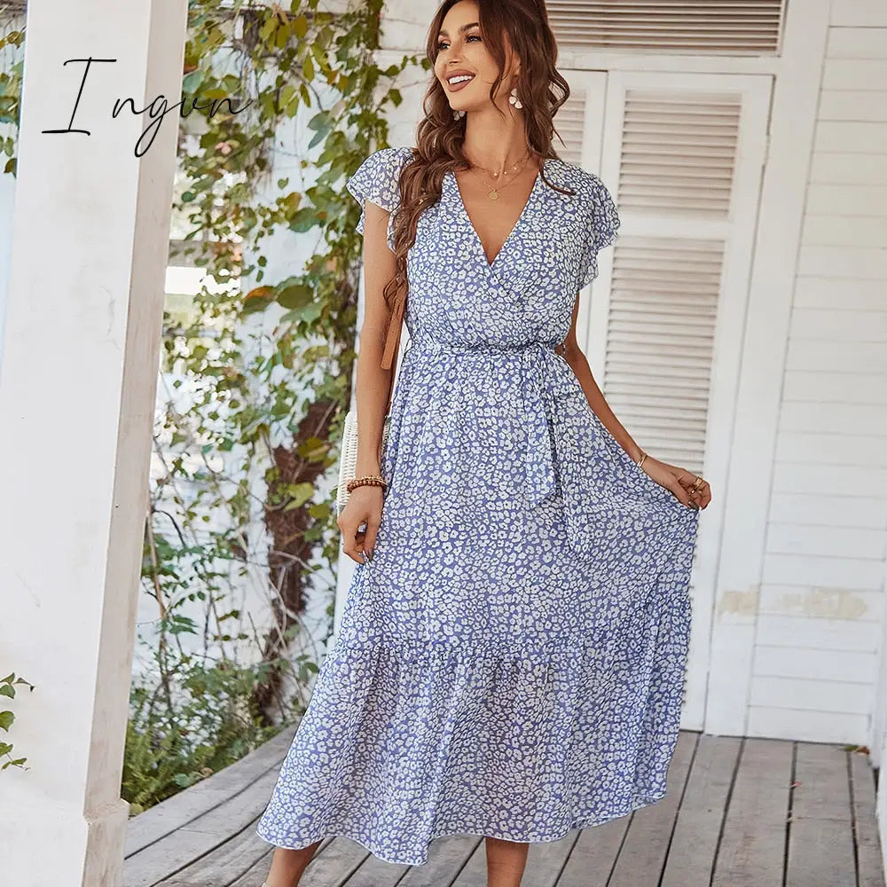 Ingvn - Ladies Vintage Print Chiffon Dress Women Casual Ruffles Long Bohemian Party Beach Summer Dress Women Sundress Female Vestidos