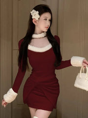 Autumn Pleated Mini Dress for Women Sweet Long Sleeves Bodycon Birthday Party Dresses Fashion Christmas Vestidos Female Clothing