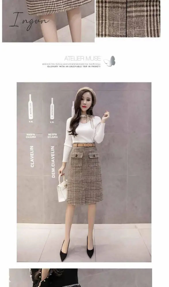 Ingvn - With Belt Autumn and Winter Houndstooth Skirt Women's Split Long Woolen Tartan Skirt Woman Skirts Mujer Faldas Saias Mulher
