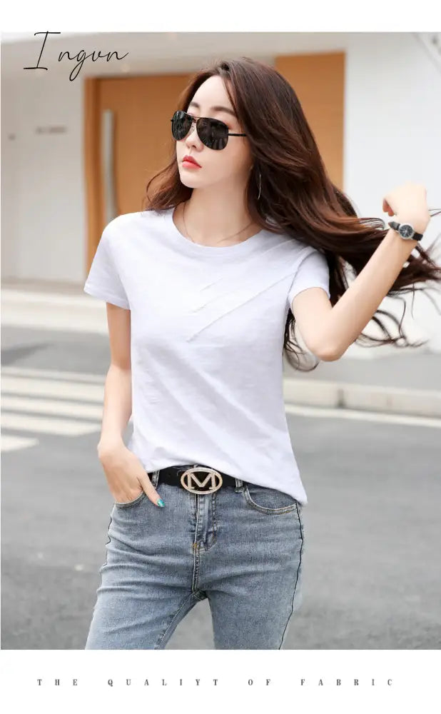Ingvn - Short Sleeve Summer Women Ribbed Cotton Tee-Shirts Female Button Loose Casual Fashion T-shirts Blue O-Neck Korea Tops S-3XL