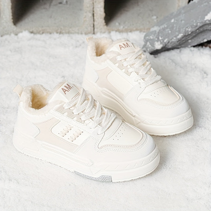 Plus Size Women's Comfortable Plush Lined Low Top Casual Lace Up Sneakers, Outdoor Shoes