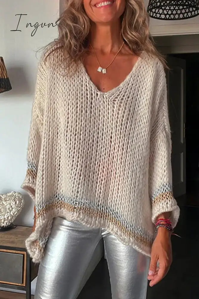 Ingvn - Casual Solid Tassel Contrast V Neck Tops