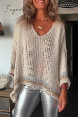Ingvn - Casual Solid Tassel Contrast V Neck Tops