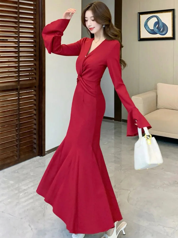 Korean Sexy Mermaid Dress for Women V-Neck Flare Long Sleeves Ruffles Party Dresses Autumn Female Slim Waist Vestidos Long Robe