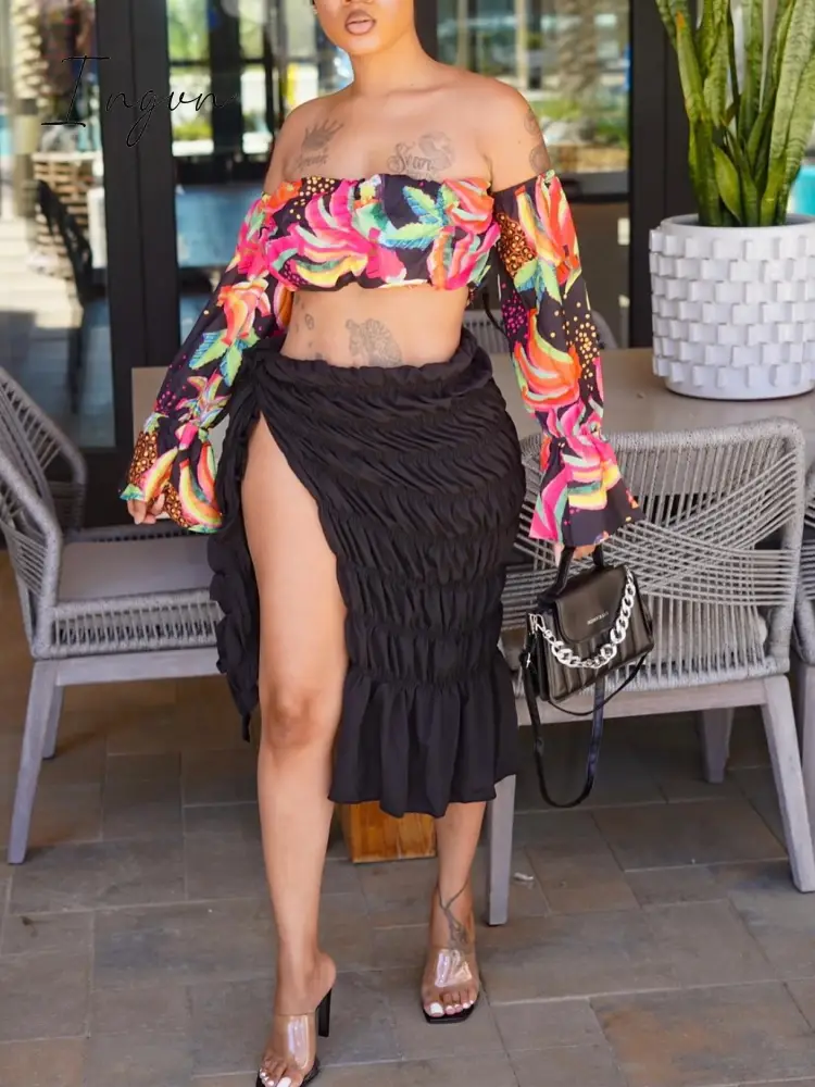 Ingvn - Summer Beach Style Two Piece Set Women Fashion Sexy Printed Off The Shoulder Tube Top Fold Lace-up Slit Skirt 2 Piece Suit Women