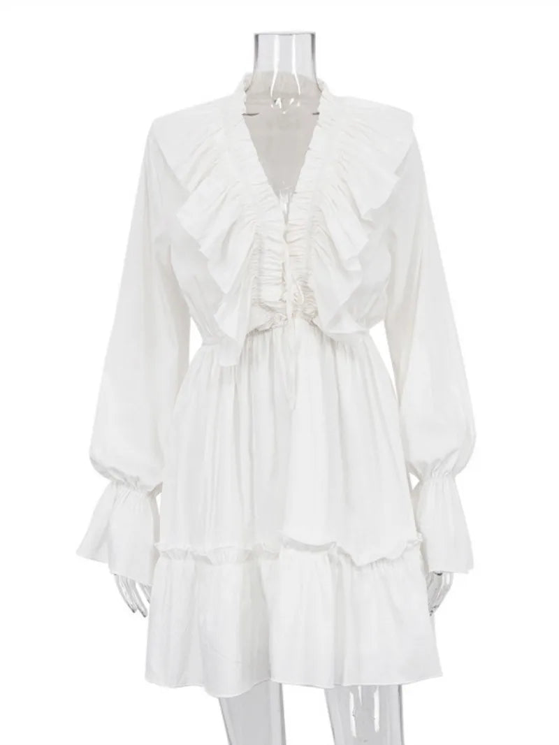 Ingvn  Fashion V-neck Ruffles White Short Dress Streetwear Woman Autumn High Waist Bandage Tunics A-line Party Dresses Female