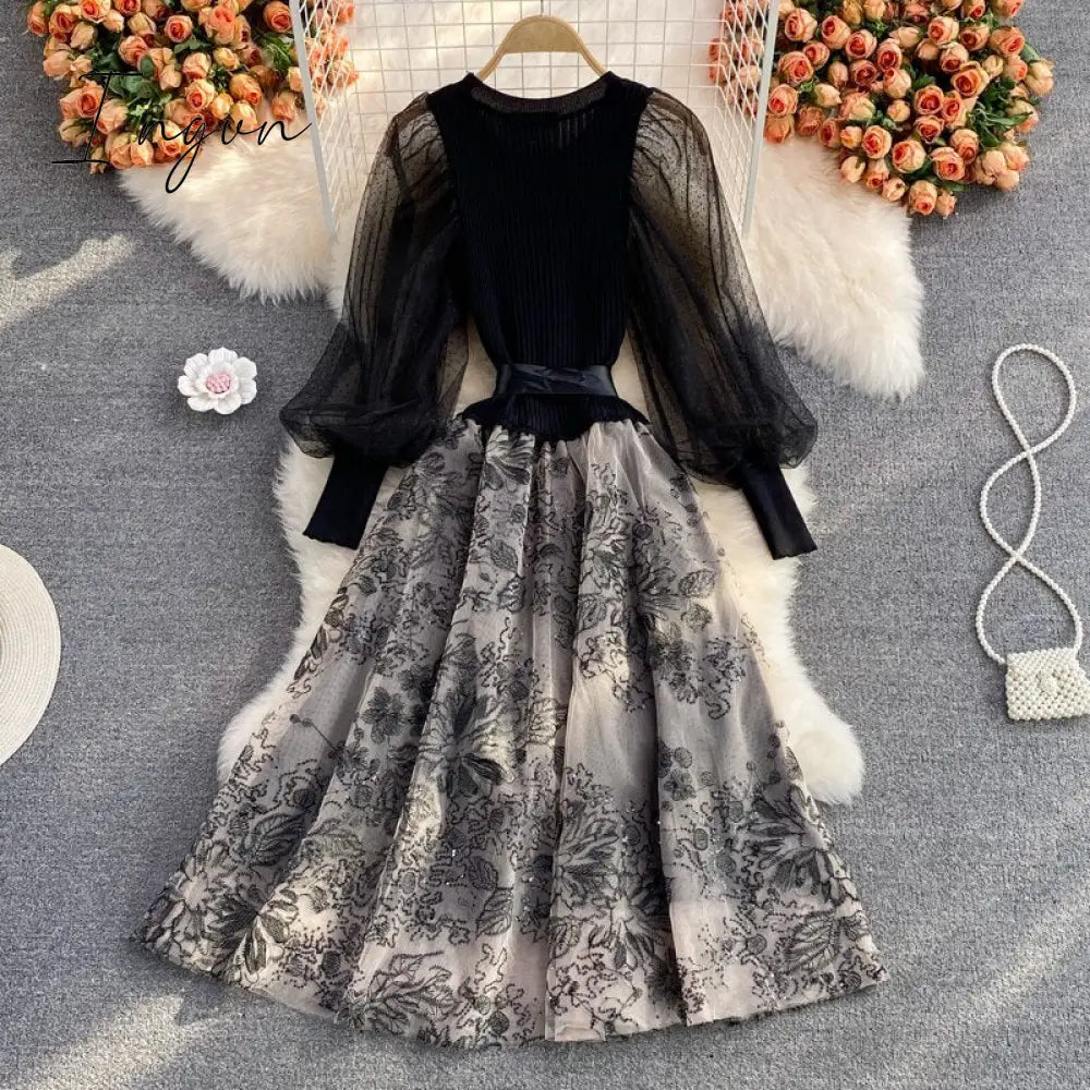 Ingvn - Elegant Mesh Knitted Stitching Dress Women Vintage Puff Sleeve Round Neck A Line Party Dresses Ladies Bandage Printing Dress