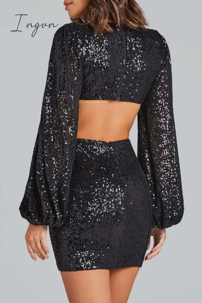 Ingvn - Sexy Solid Sequins Sequined V Neck Wrapped Skirt Dresses