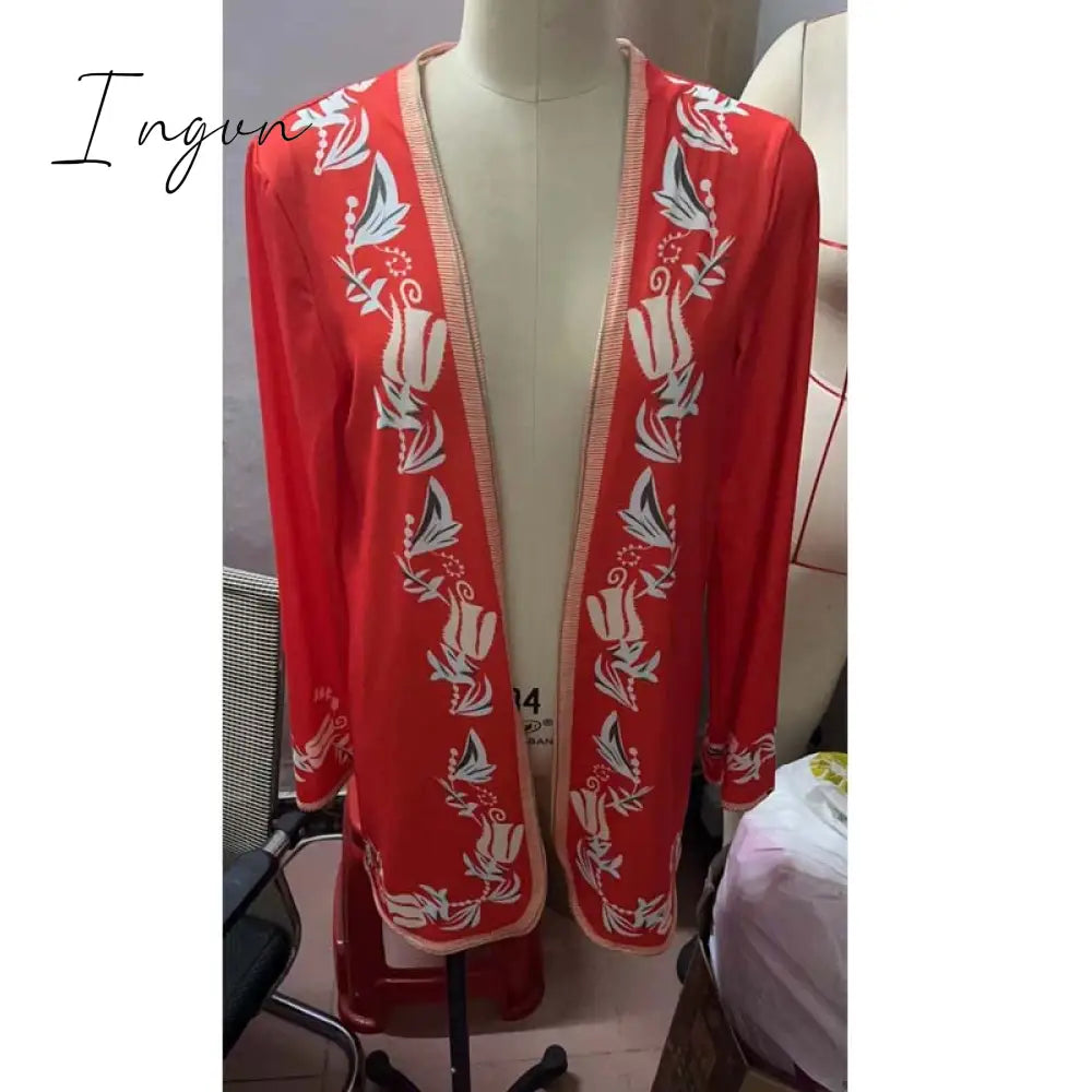 Ingvn - Ladies Velvet Print Cardigan Red Coat Long Sleeve Palace Style Fashion Vintage Ladies Fall Coat Casual Loose Women Jacket Coat