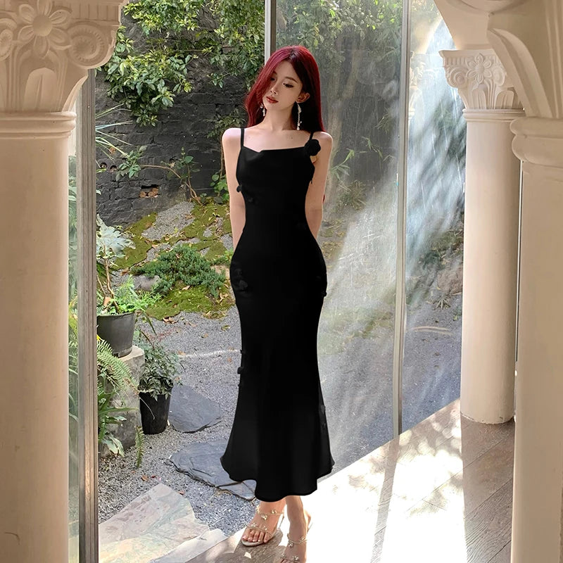 Elegant Fashion Party Sleeveless Satin Midi Dresses for Women Summer New Sexy Slim Spaghetti Strap Mermaid Female Clothing
