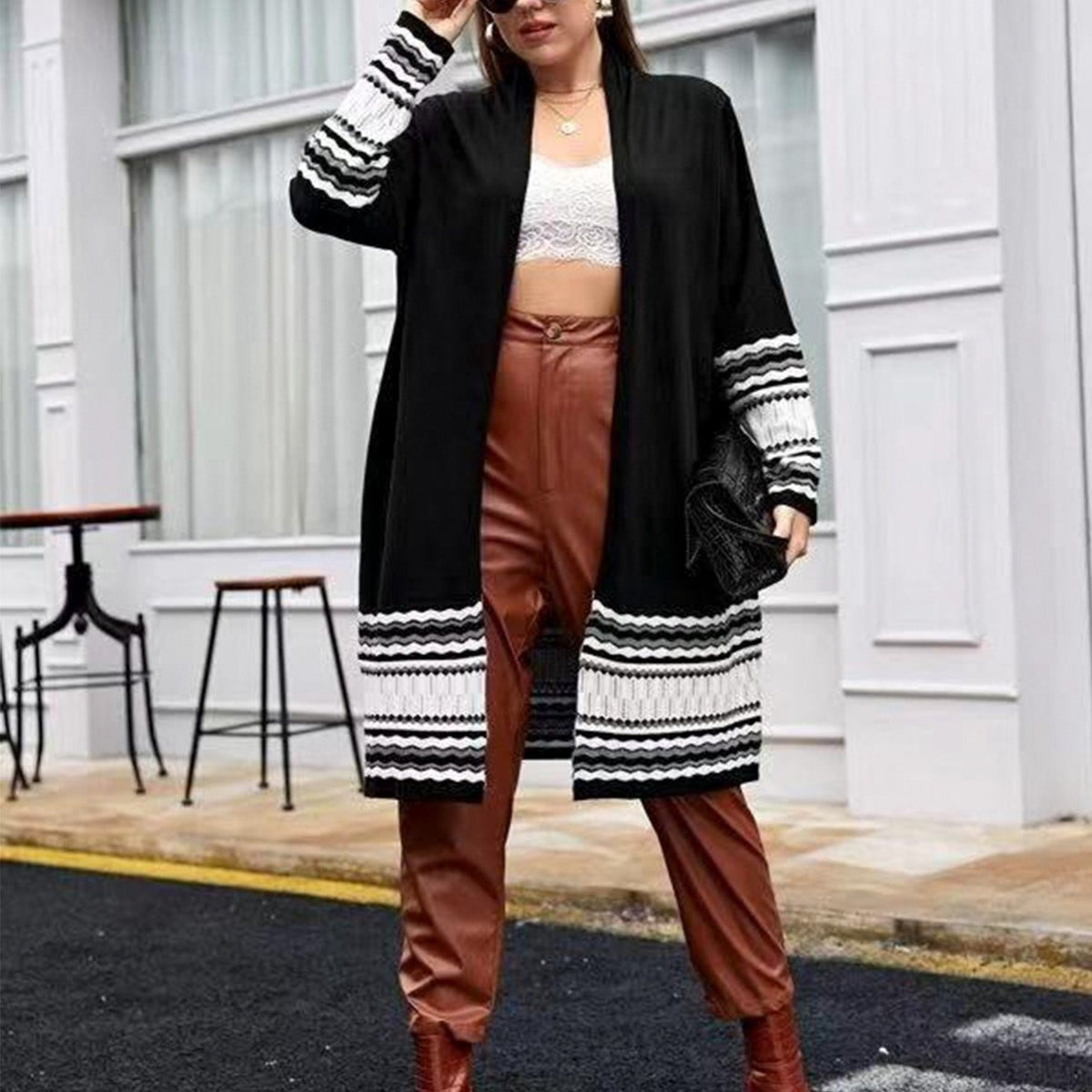 Women's Plus Size Long Casual Colorblock Knit High Stretch Sweater Cardigan