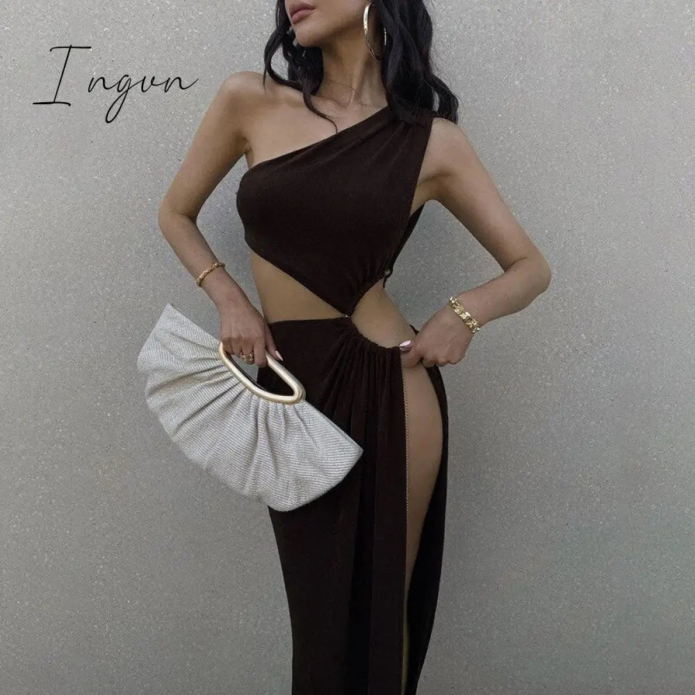 Ingvn - Sexy Asymmetric CutOut One Shoulder High Split Long Maxi Dresses for Women Fashion Party Vacation Outfits