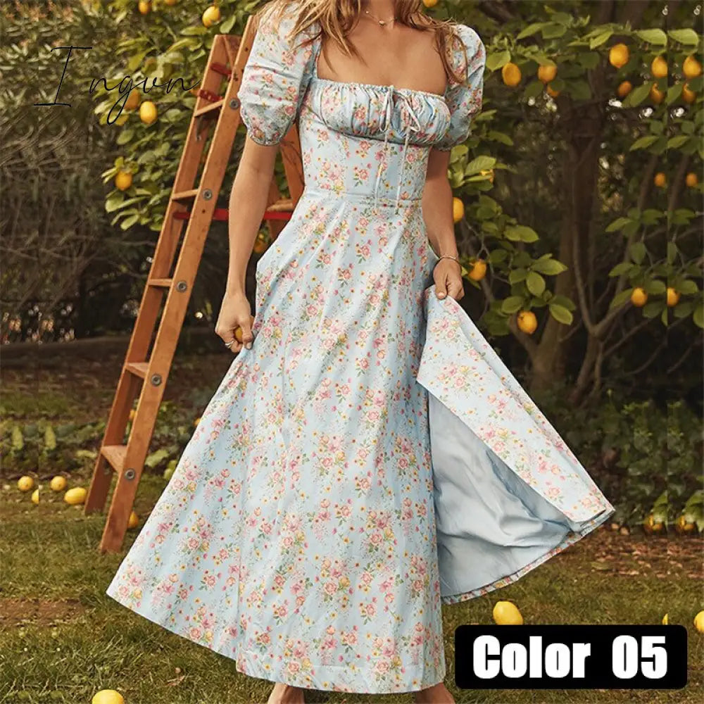 Ingvn - womens fashion Vintage Square Collar Printed Dress Women Sweet Puff Sleeve Slim Long Casual Split Spring Summer Floral Dress Ladies New