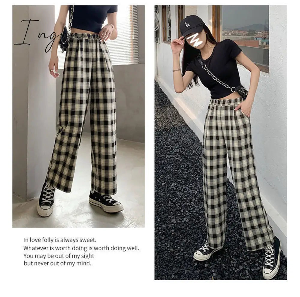 Ingvn - Vintage Plaid Pants Women High Waist Plus Size Wide Leg Casual Female Trousers Summer Joggers Clothes Streetwear Girl Pants