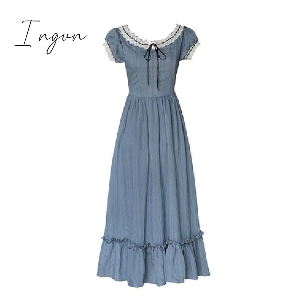 Ingvn - Women Pink Dress Summer Vintage Elegant Slim European Romance Blue Dress Retro Lace Sexy Slash Neck Casual Everyday Midi Dress