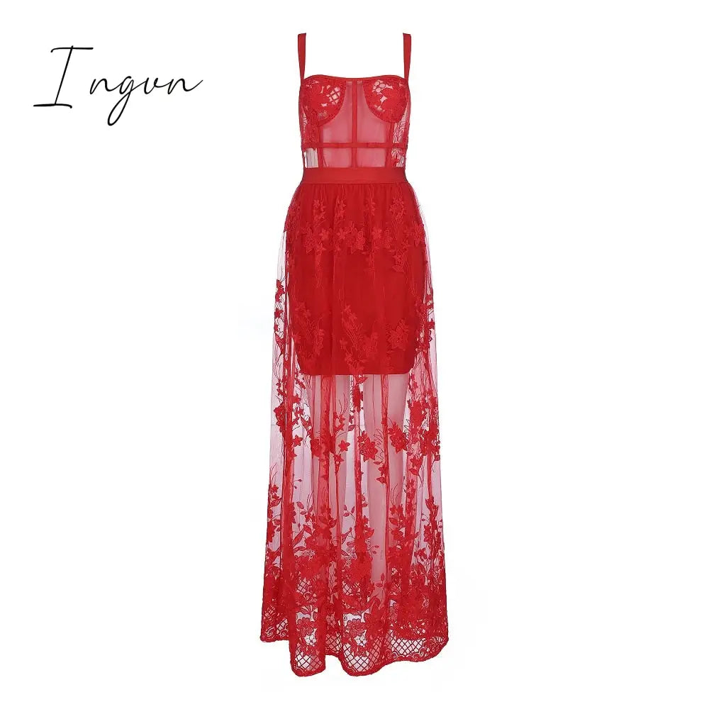 Ingvn - High Quality Red White Black Lace Sleeveless Hollow Out Long Rayon Bandage Dress Evening Party Elegant Dress