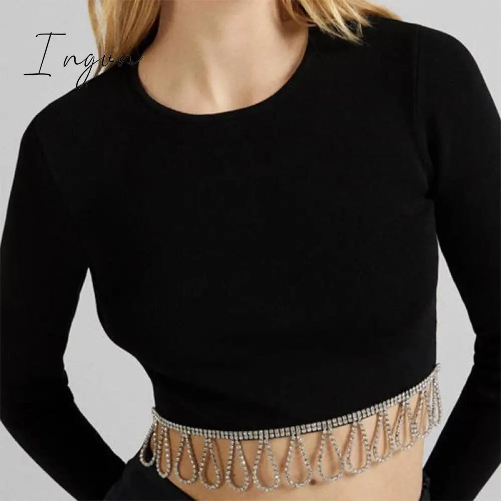 Ingvn - Loose Rhinestone Women Crop Top 2023 Spring Long Sleeve O-neck Tassel Hem Female T-shirt Casual Chic Streetwear Lady Tshirt