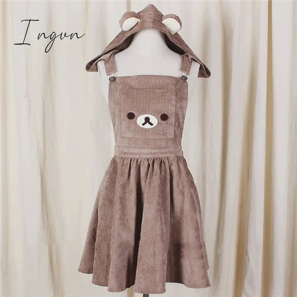 Ingvn - Japanese Kawaii Rilakkuma Lolita Overall Dress Cute Bear Embroidery Hat Ball Gown Harajuku Lolita Dress Harajuku Cute Warm Dress