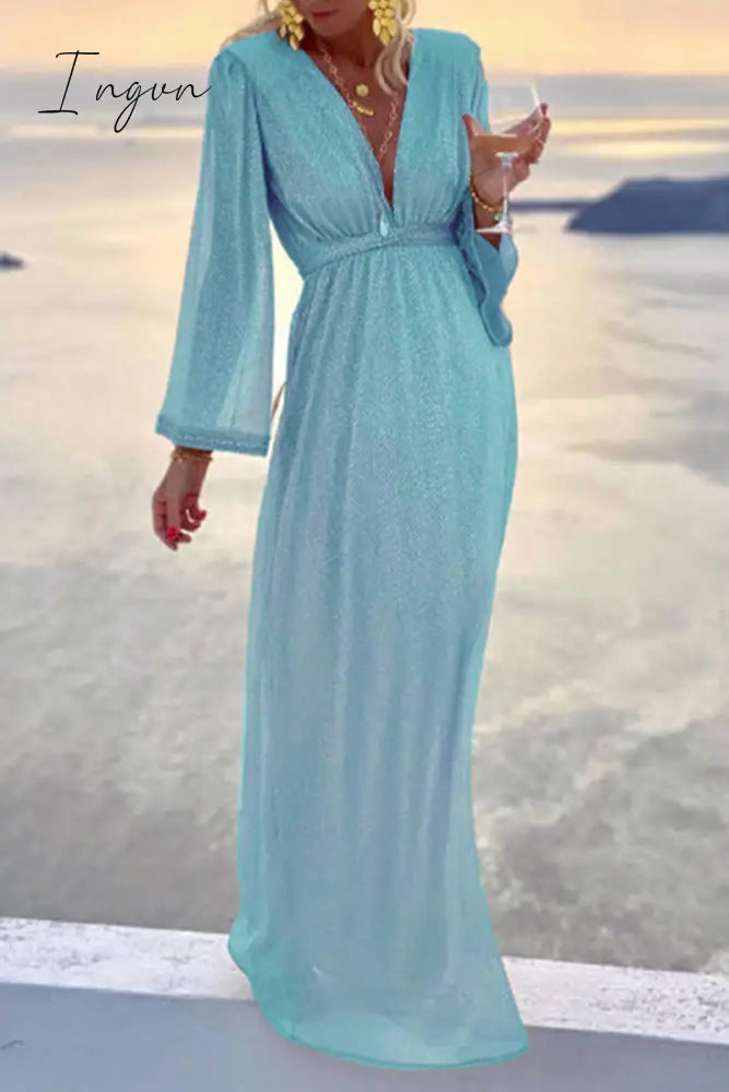 Ingvn - Fashion Elegant Solid Patchwork Fold V Neck Evening Dress Dresses(4 Colors)