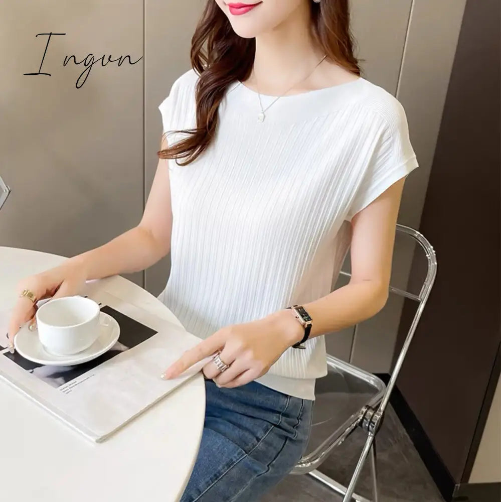 Ingvn - Bat-Sleeved Short-Sleeved T-Shirt Women's Summer New Black Ice Silk Knitted Sweater Loose One-Word Collar Top Thin